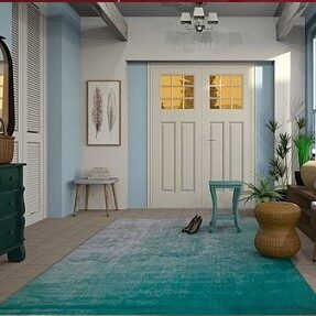 Teal carpet in a hallway