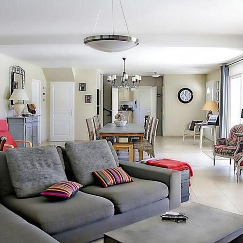 Grey sofa in an open living room