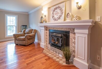 Vinyl flooring in a living room with a fireplace